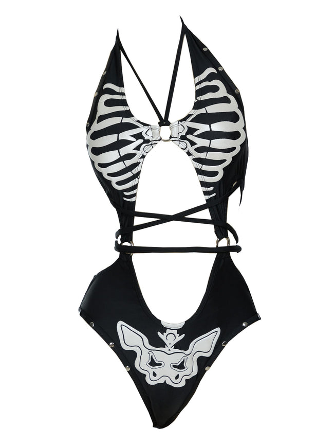 MEOWCOS Women One Piece Swimsuits with Skull Design Cut Out Gothic Swimsuit Bathing Suit Black Hover Image