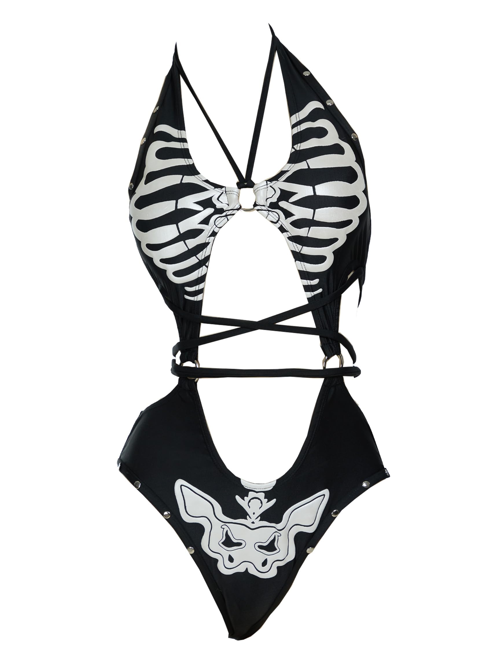 MEOWCOS Women One Piece Swimsuits with Skull Design Cut Out Gothic Swimsuit Bathing Suit Black