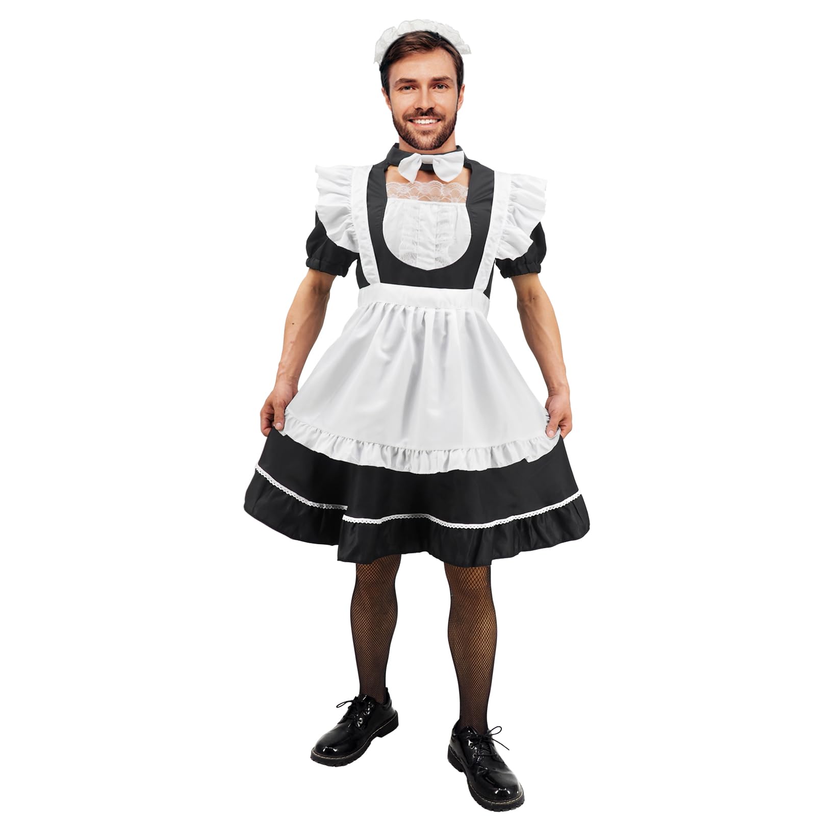 Men's Maid Cosplay Costume Dress Suit, Big Hemline Flared Outfit, Funny Stage Performance Cosplay Set (Medium)