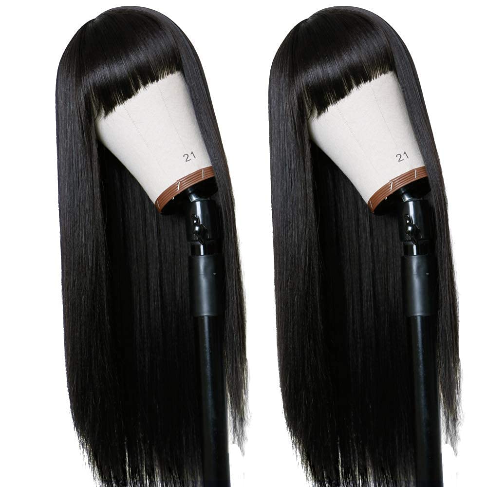 TIMANZO Long Straight Remy Hair Wigs Natural Black Heat Resistant Fiber Hair Full Machine Wig with Bangs Cosplay Party Wig For Fashion Women (24 Inch)