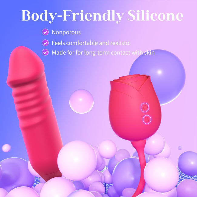 Vibrator Dildo Sex Toys for Women - MOOLIGIRL Rose Sex Toy with Thrusting G Spot Vibrators & 10 Sucking Modes for Clitoral Nipple Stimulation Anal Double-Ended Dildos Adult Sex Toys Games for Couples Main Image