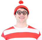 Where's Waldo Longe Sleeve Shirt, Glasses, and Hat DELUXE Cosplay Halloween Costume Set