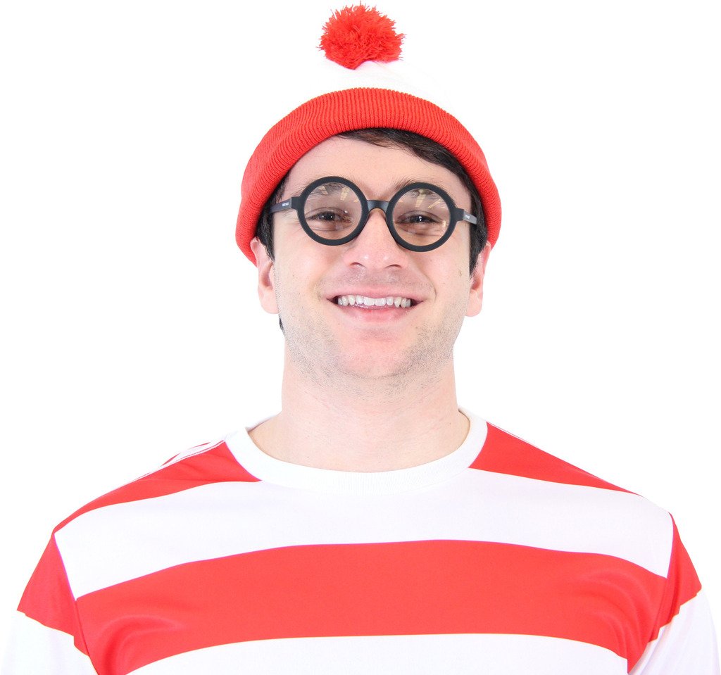 Where's Waldo Longe Sleeve Shirt, Glasses, and Hat DELUXE Cosplay Halloween Costume Set