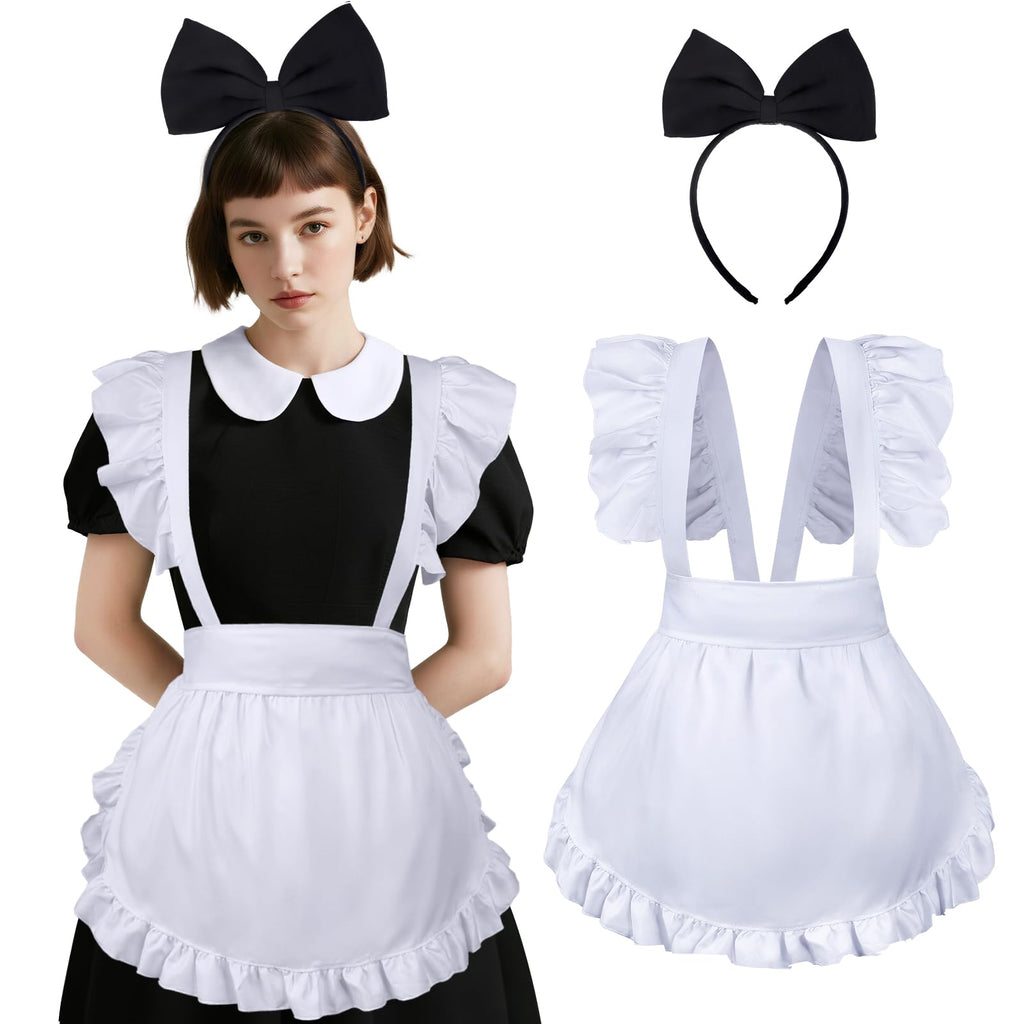 Cardkiss White Apron for Women Maid Apron with Bow Headband Set for Halloween Theme Party