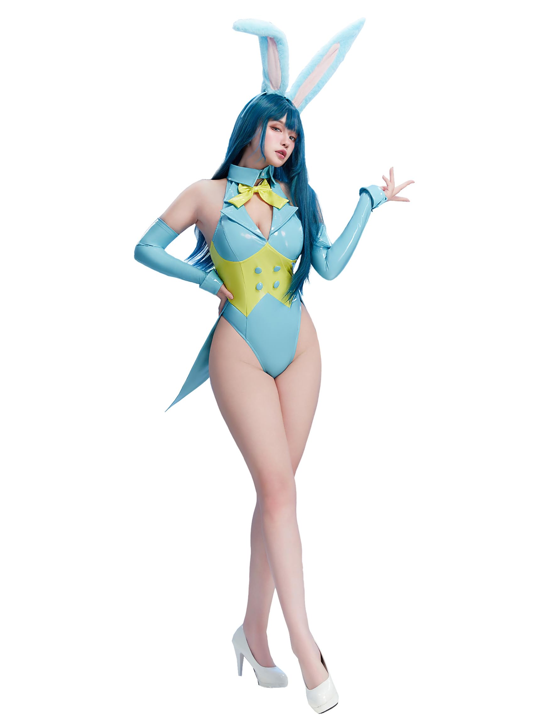 Mobbunny Women's Bunny Costume Easter Bunny Girl Bodysuit Rabbit One-Piece Jumpsuit Lingerie Set with Headband (Blue, small)