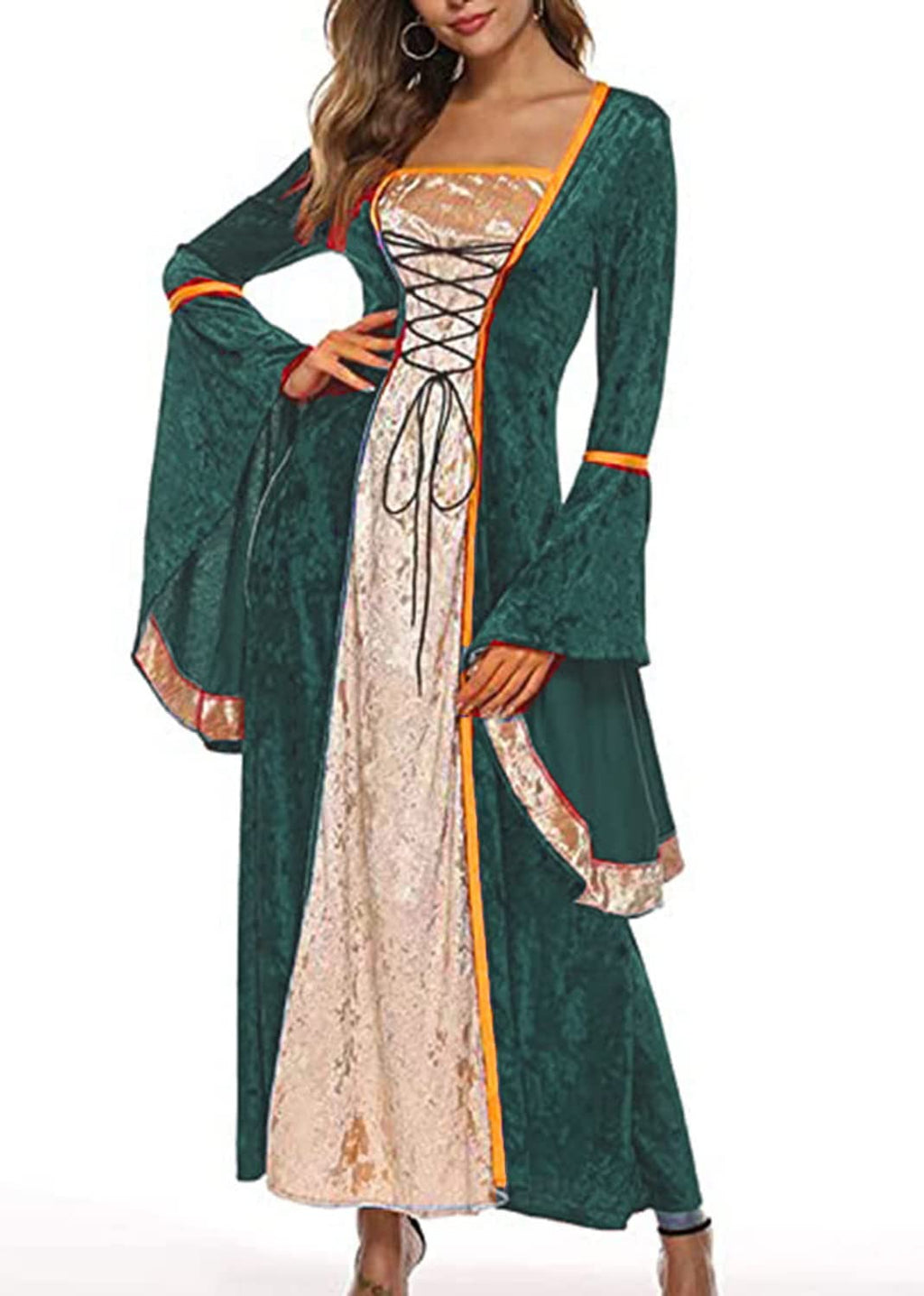YEAXLUD Womens Renaissance Medieval Costume Dress Lace up Irish Over Long Dresses Cosplay Retro Gown S-5XL (XL, Green)