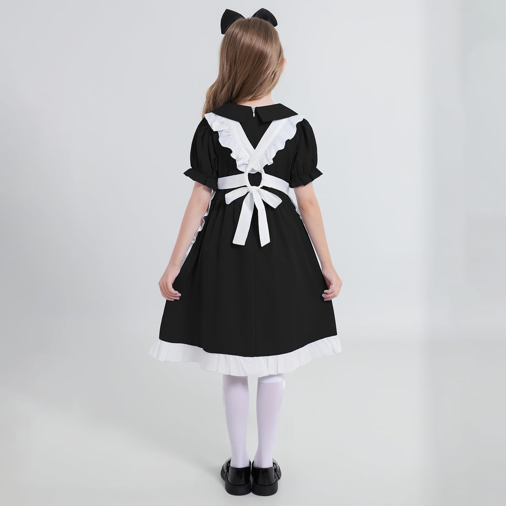 Weixinbuy Black Halloween Costume for Girls Kids Maid Costume Apron Fancy Dress Halloween Dress-Up Cosplay Costume Outfits with Headband and Stocking for Girl 13-14 Years