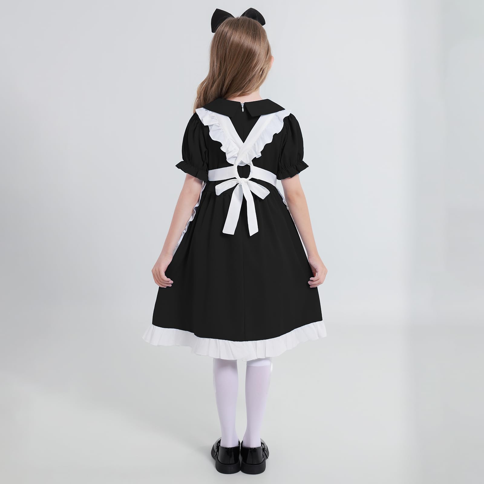 Weixinbuy Black Halloween Costume for Girls Kids Maid Costume Apron Fancy Dress Halloween Dress-Up Cosplay Costume Outfits with Headband and Stocking for Girl 13-14 Years