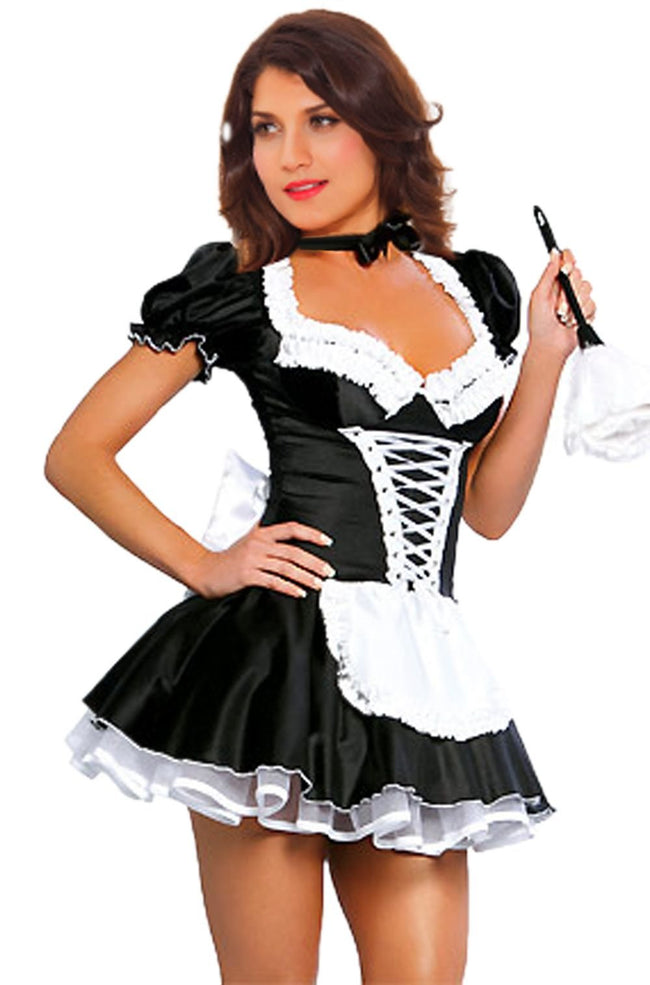 JJ-GOGO Women's French Maid Costume Sexy Black Satin Halloween S-5XL (4XL) Hover Image
