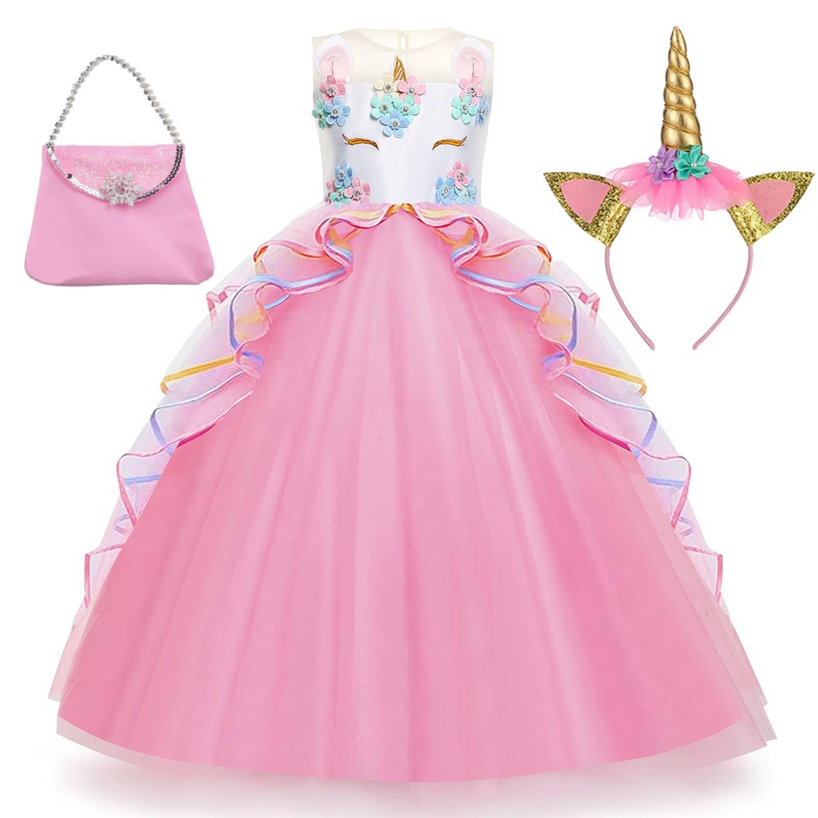 Chektin Unicorn Dress for Girls Unicorn Costume Pageant Princess Dress Party Birthday Long Gown with Accessories Pink 4-5T