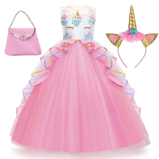 Chektin Unicorn Dress for Girls Unicorn Costume Pageant Princess Dress Party Birthday Long Gown with Accessories Pink 4-5T Hover Image