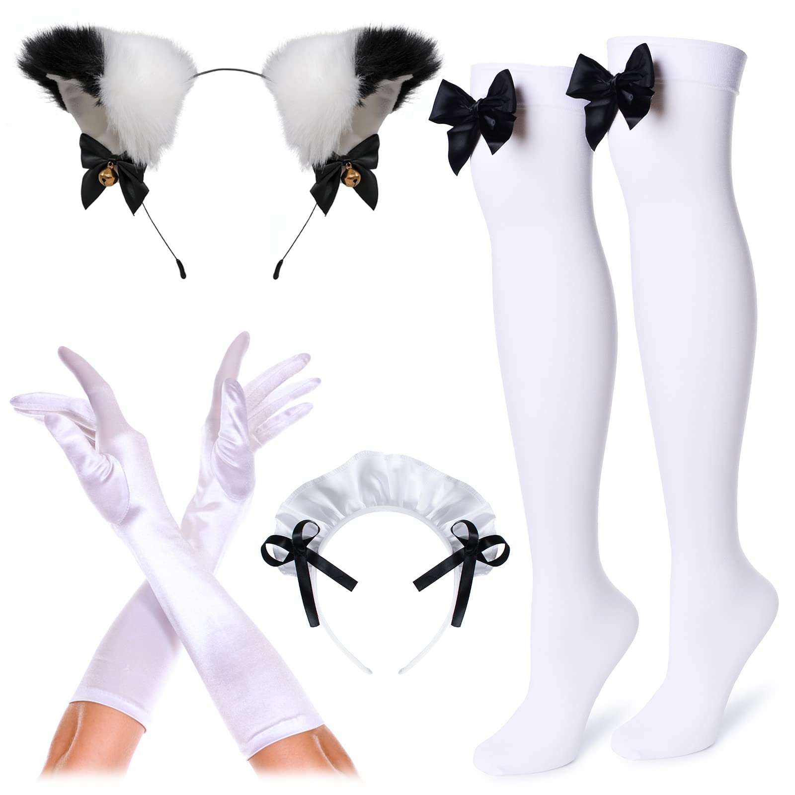 Anime French Cat Maid Apron Fancy Dress Cosplay Costume Headwear Gloves Socks Set(Black M)