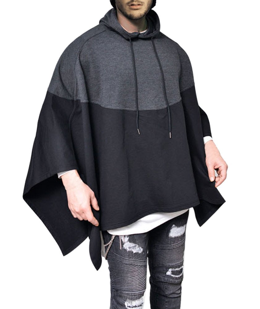 Demetory Men's Color Block Oversized Batwing Sleeves Hooded Poncho Cape Cloak Black Medium