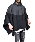 Demetory Men's Color Block Oversized Batwing Sleeves Hooded Poncho Cape Cloak Black Medium