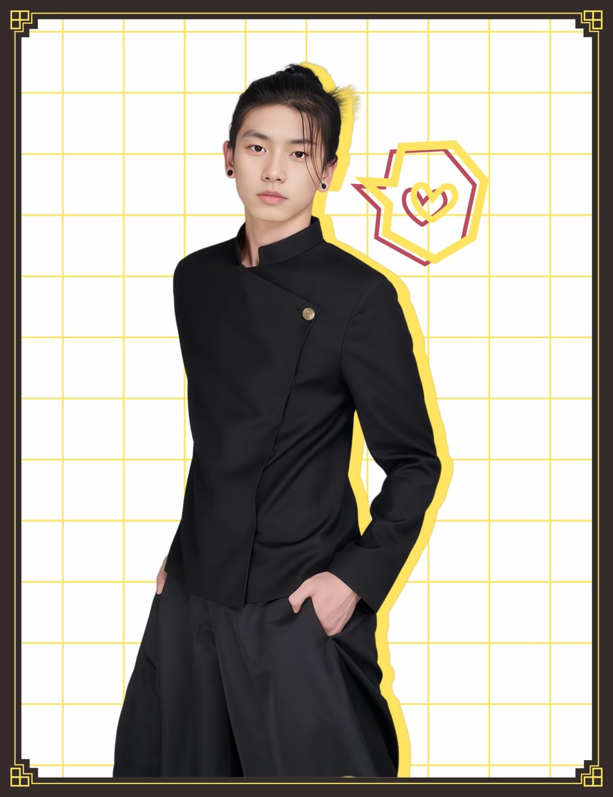 ABOJJFAC Black Cosplay High School Uniform With Earrings Wig Anime Jacket Pants Full Set For Halloween Costume (WigUniform, XXL)