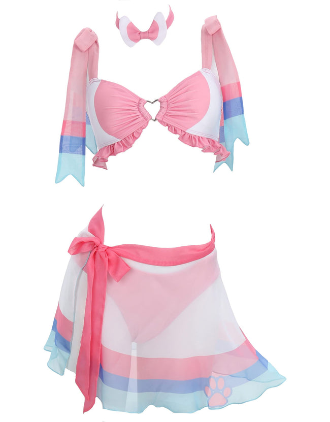 haikyuu Women Anime Derivative Bikini Set with Wrap Skirt Kawaii Swimsuit Lace-up Bathing Suit Two Piece Swimwear (as1, Alpha, s, Regular, Regular, Standard, Pink) Hover Image