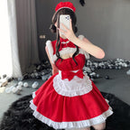 SNOMYRS Women's Maid Outfit Christmas Maid Costume with Plush Trim Apron Headpiece - Cute Cosplay Outfits Dress for Christmas Party