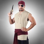 Boyiee 5 Pcs Men Pirate Costume Set for Women Adult Medieval Renaissance Shirt Bandana Sash Belt for Halloween Cosplay Party(Apricot,XL,Retro)