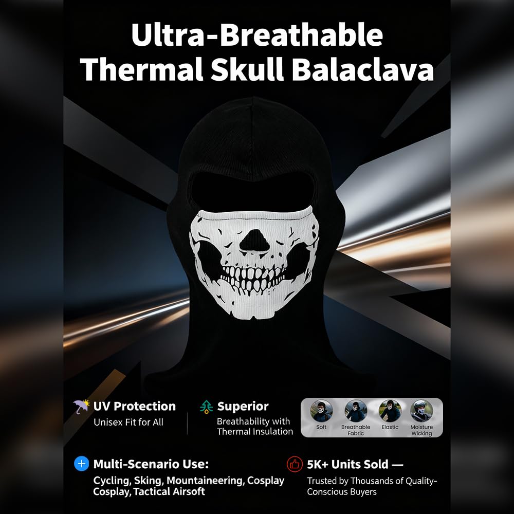 2025New Creepy Skull Balaclava Mask Ghost Skeleton Face Halloween Costume Cosplay Tactical Anti-UV Motorcycle Cycling Black