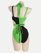 MEOWCOS Women's One Piece Swimwear Gothic Swimsuit Green and Black Spliced Cutout Bathing Suit