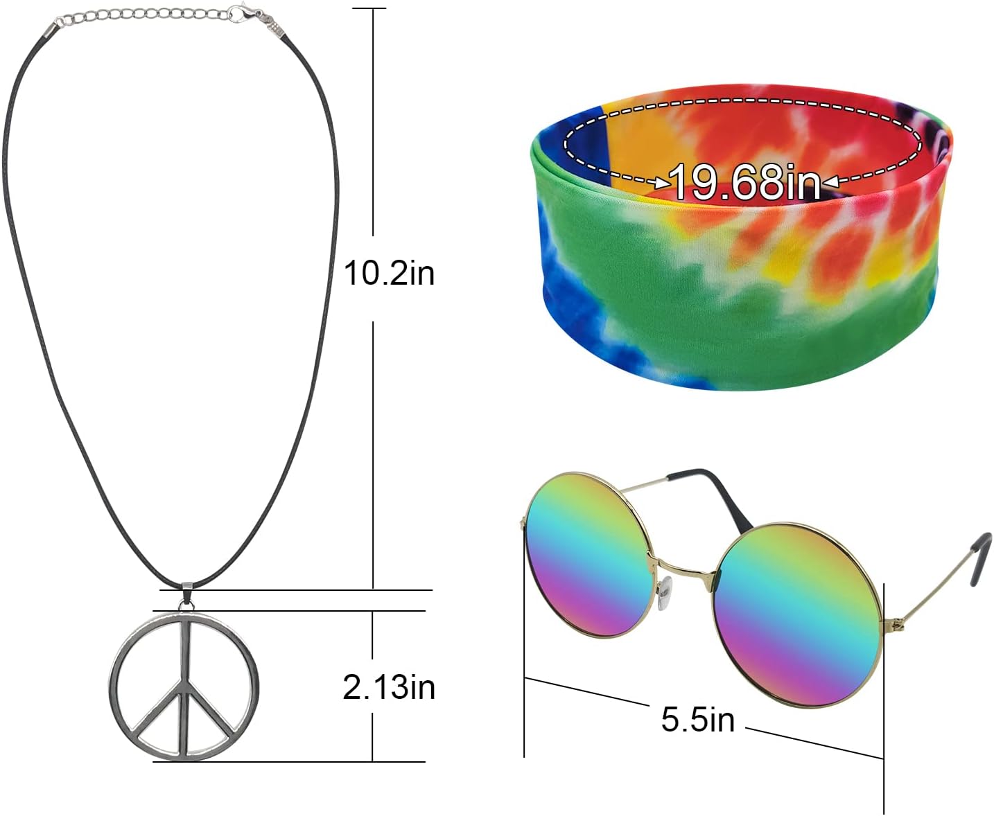 Hippie Costume for Men Women 60s and 70s colorful T-shirt sunglasses headband Peace necklace 4-piece theme party
