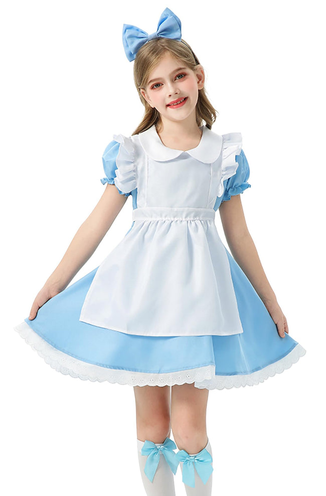 Maid Apron French Dress Set for Kid Girls Colonial Pioneer Dresses Halloween Blue White Pilgrim Maid Outfit with Headband 3Pcs Main Image