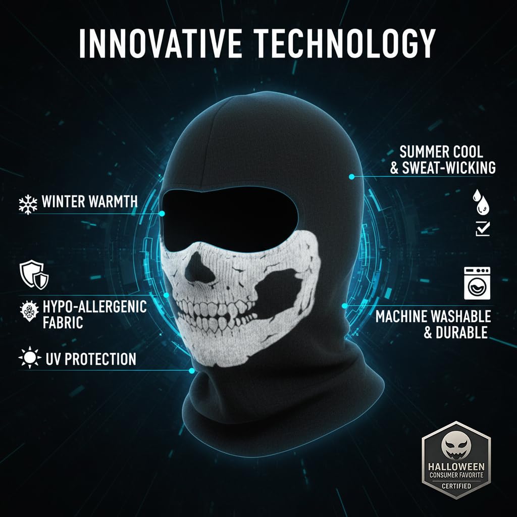 2025New Creepy Skull Balaclava Mask Ghost Skeleton Face Halloween Costume Cosplay Tactical Anti-UV Motorcycle Cycling Black