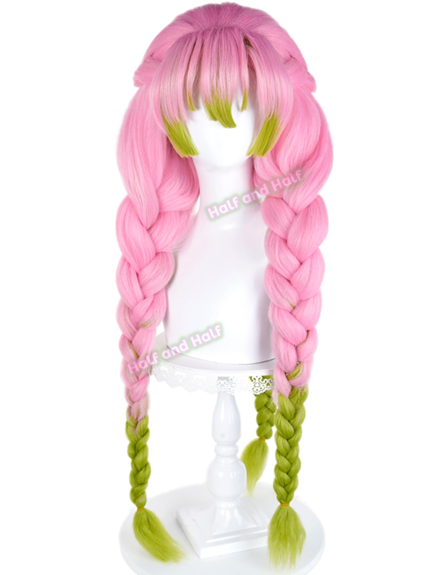 Mitsuri Cosplay Wig Pink and Green Braided Anime Wig with Bangs Mitsuri Kanroji Costume Wigs 35.4'' Synthetic Fiber Hair for Women Halloween Party