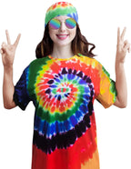 Hippie Costume for Men Women 60s and 70s colorful T-shirt sunglasses headband Peace necklace 4-piece theme party
