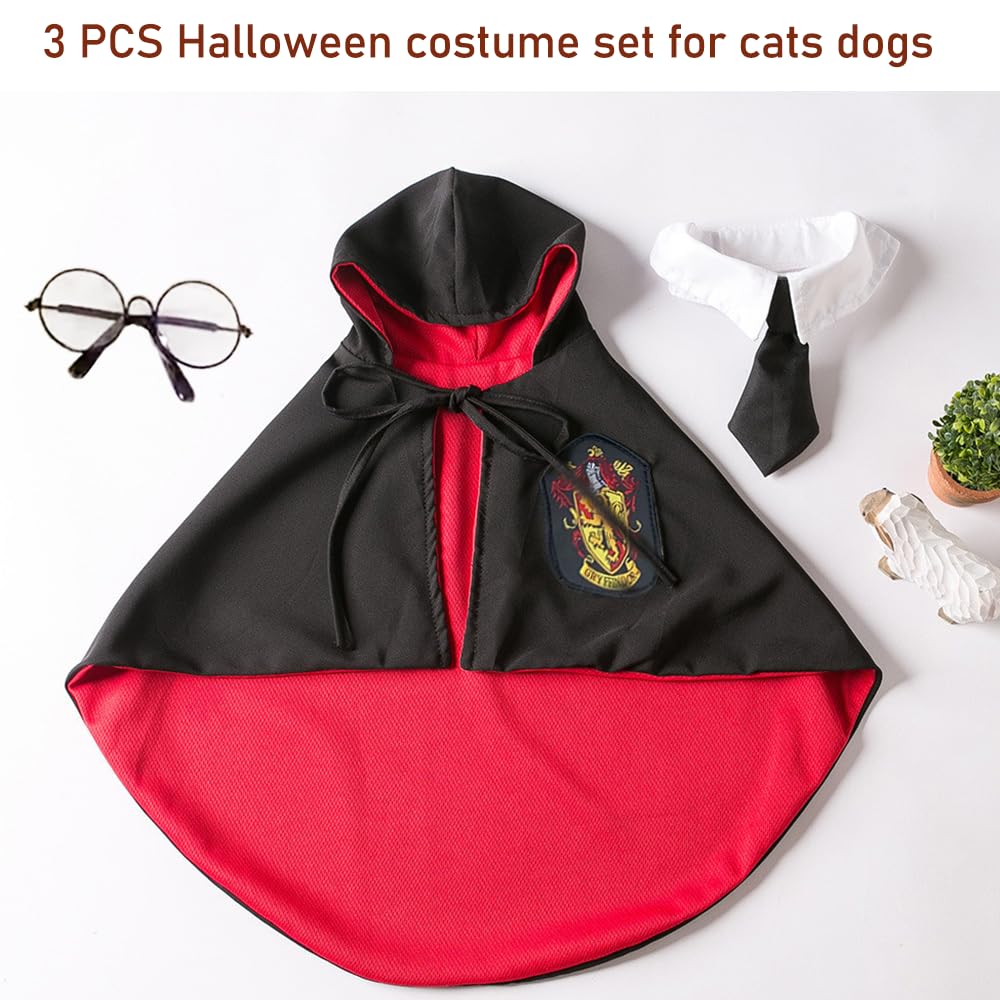 ANIAC 3PCS Halloween Dog Costume Cat Wizard Cape Glasses and Necktie Set Halloween Puppy Outfit Pet Academy Magician Cosplay Apparel for Kitten Cat Small Dogs (Black+Red, Small)