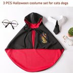 ANIAC 3PCS Halloween Dog Costume Cat Wizard Cape Glasses and Necktie Set Halloween Puppy Outfit Pet Academy Magician Cosplay Apparel for Kitten Cat Small Dogs (Black+Red, Small)