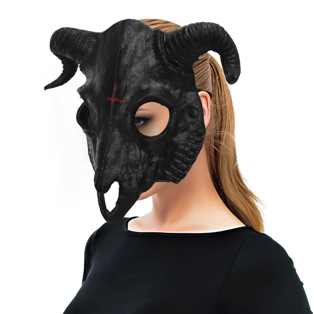 PURFUN Black Goat Head Skull Mask Ram Horns Animal Skull Costume Mask Horror Demon Devil Evil Mask Cosplay Halloween Mardi Gras Full Face Mask Creepy Party Decoration Prop