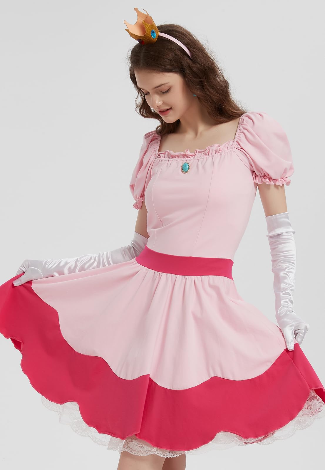 KaKaxi Halloween Costume Pink Evening Dresses with Waist Belts Gloves Hats Golden Crown Leggings Earrings Accessories for Women,S