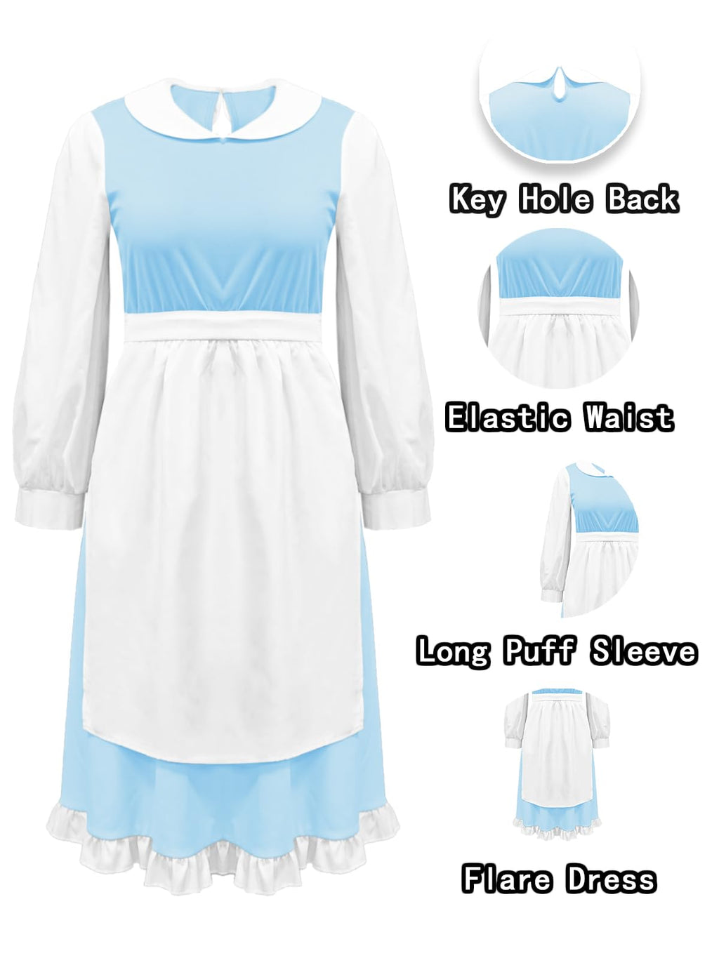 Womens Belle Dress Halloween Blue Princess Dresses Beauty Maid Clothes with White Apron S