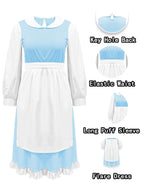 Womens Belle Dress Halloween Blue Princess Dresses Beauty Maid Clothes with White Apron S