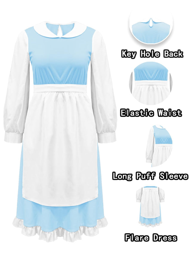 Womens Belle Dress Halloween Blue Princess Dresses Beauty Maid Clothes with White Apron S Main Image