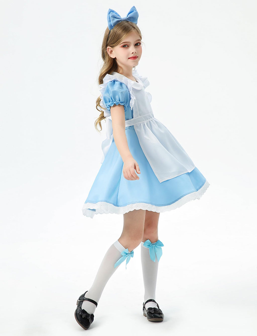 Maid Apron French Dress Set for Kid Girls Colonial Pioneer Dresses Halloween Blue White Pilgrim Maid Outfit with Headband 3Pcs
