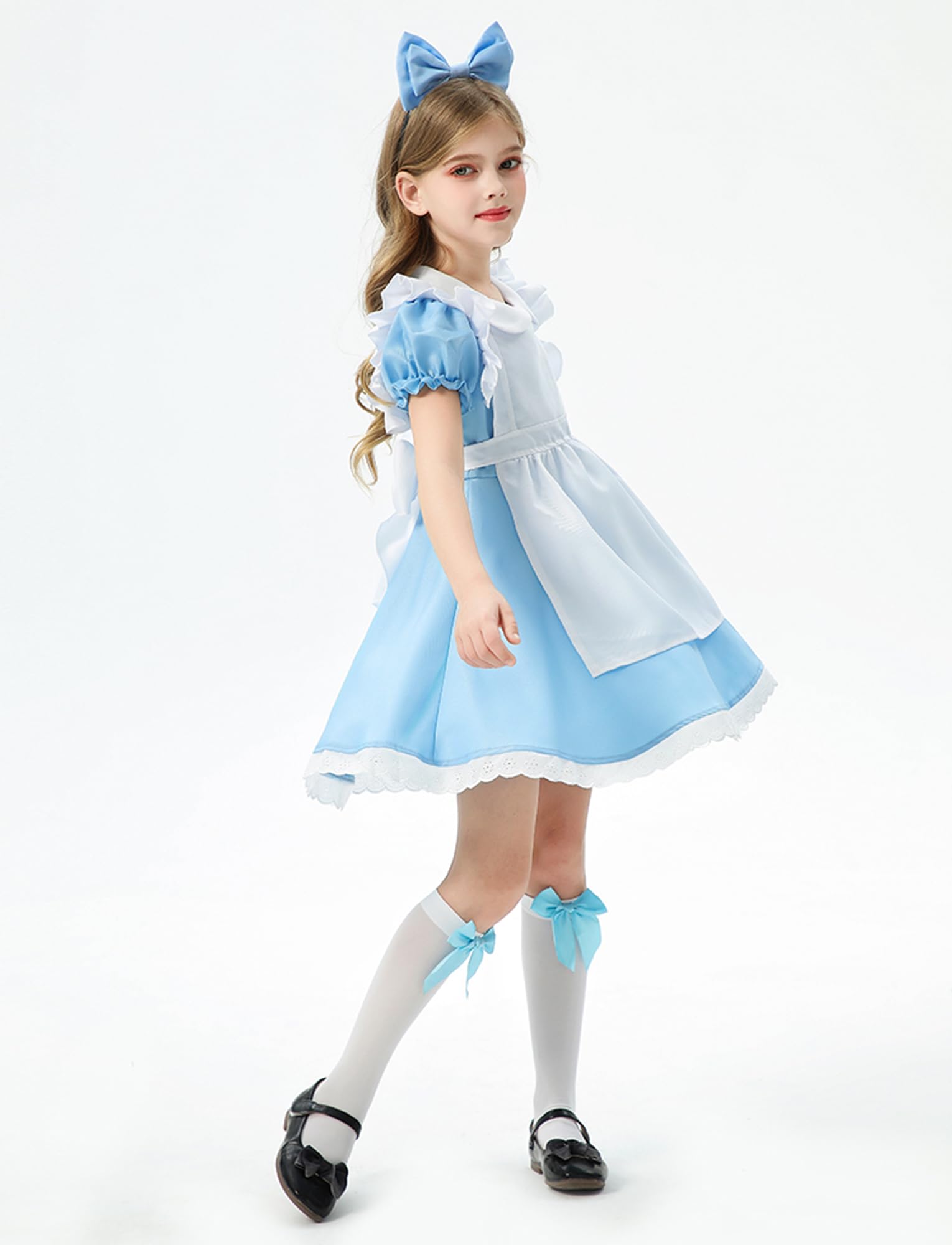Maid Apron French Dress Set for Kid Girls Colonial Pioneer Dresses Halloween Blue White Pilgrim Maid Outfit with Headband 3Pcs