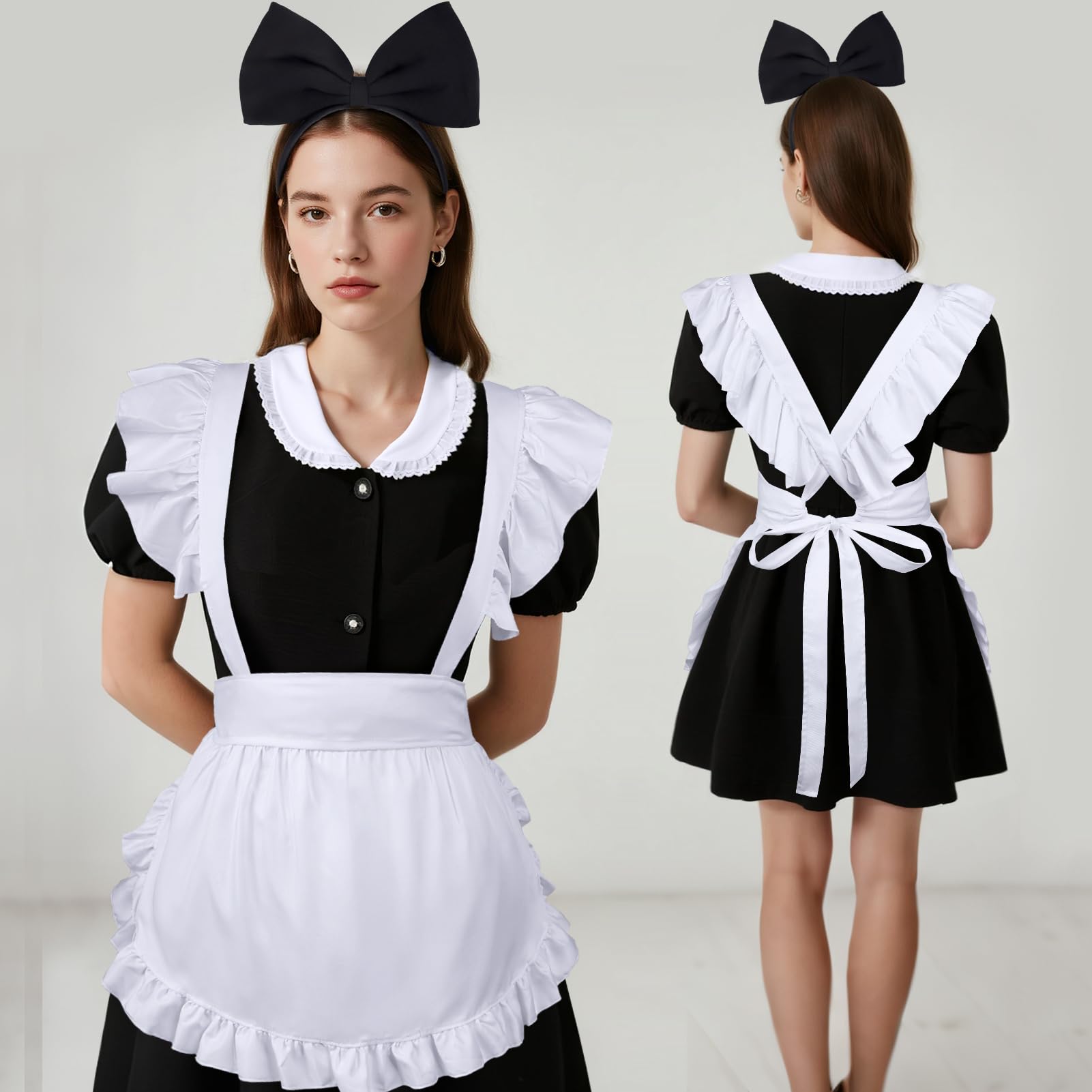Cardkiss White Apron for Women Maid Apron with Bow Headband Set for Halloween Theme Party