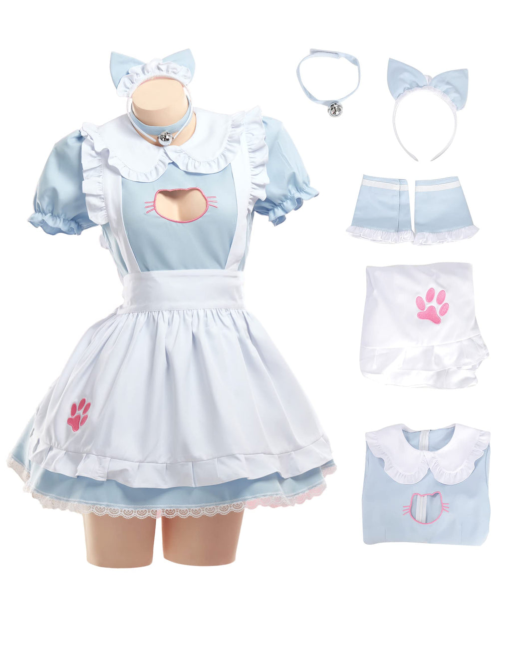 MEOWCOS Women's Maid Dress French Apron Kawaii Kitty Dress with Paw Embroidery Anime Cosplay Costume