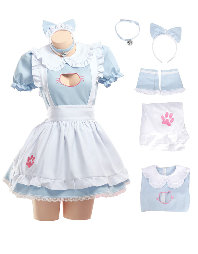 MEOWCOS Women's Maid Dress French Apron Kawaii Kitty Dress with Paw Embroidery Anime Cosplay Costume Hover Image