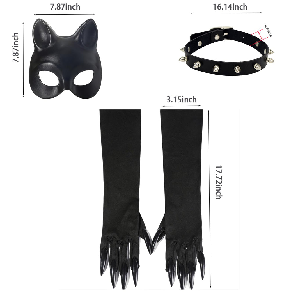 BADALU Cat woman Costume Accessories for Women - Halloween Mask, Gloves, Punk Belt &Necklace Outfit Set gothic clothes for women Masquerade Cat Face Mask for Night Club & Cosplay