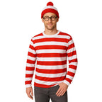 3 Pieces Red and White Striped Shirt and Hat for Men,Adult Halloween Costumes Cosplay Suits with Glasses Outfit Suit Set (M)