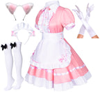 Japanese Anime Sissy Maid Dress Cosplay Sweet Classic Fancy Apron Socks Gloves Faux Fur Cat Furry Headwear Set Pink(S)