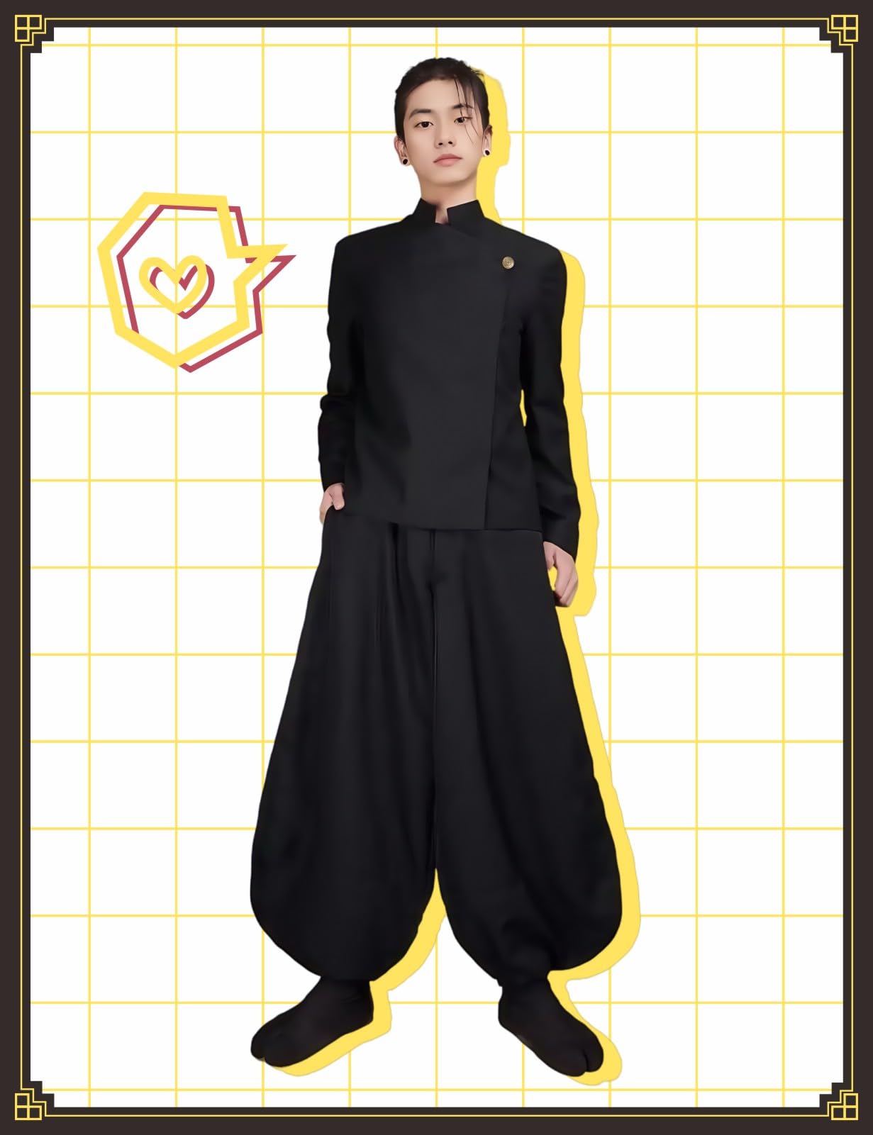 ABOJJFAC Black Cosplay High School Uniform With Earrings Wig Anime Jacket Pants Full Set For Halloween Costume (WigUniform, XXL)