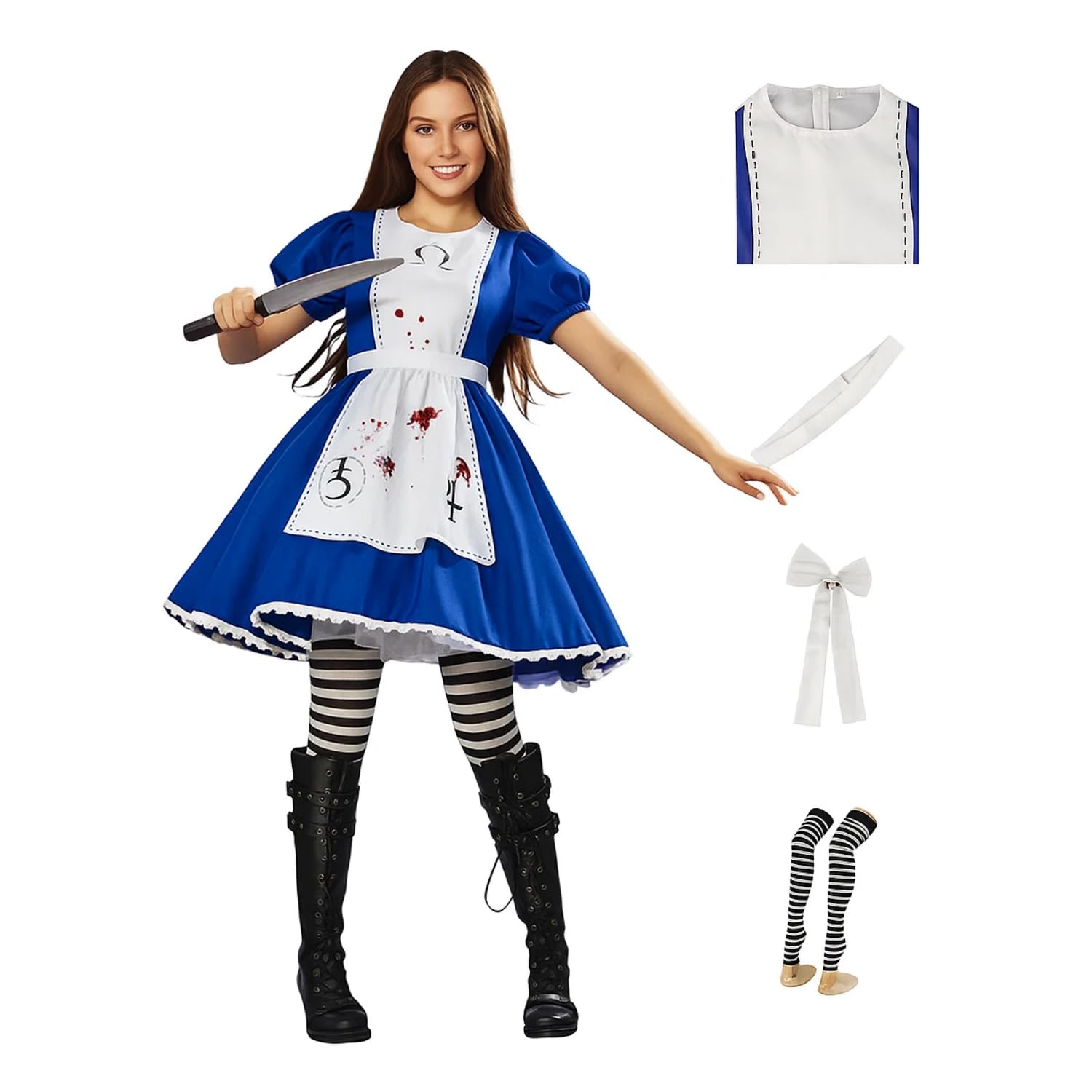 huashign Women's Lolita Maid Cosplay Costume Dress Bloody Apron Halloween Scary Costume