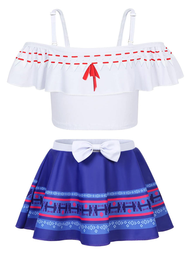 COTRIO Princess Bathing Suit for Girls Princess Swimsuit Girl Floral Ruffle 2 Piece Bikini Set Swimming Suits Off Shoulder Beach Swimwear Size 6 (5-6 Years, Blue) Hover Image