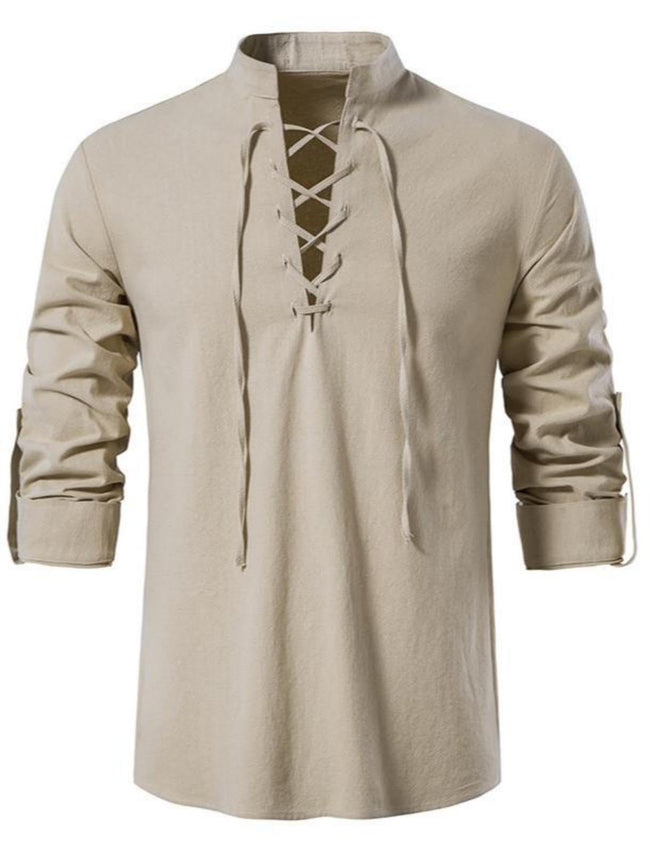 AIFARLD Men's Long Sleeve Shirts Retro Style Lace up for Medieval Viking Hippie Halloween Cosplay Pirate Renaissance Costume Khaki Hover Image