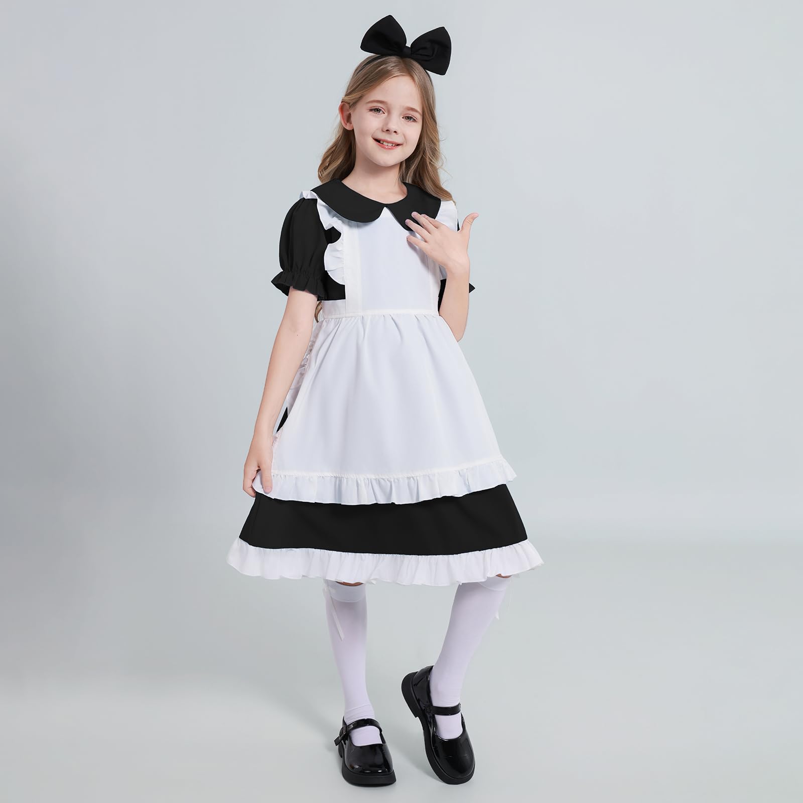 Weixinbuy Black Halloween Costume for Girls Kids Maid Costume Apron Fancy Dress Halloween Dress-Up Cosplay Costume Outfits with Headband and Stocking for Girl 13-14 Years