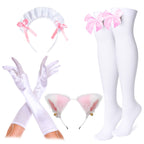 Anime French Cat Maid Apron Fancy Dress Cosplay Costume Headwear Gloves Socks Set(Pink L)